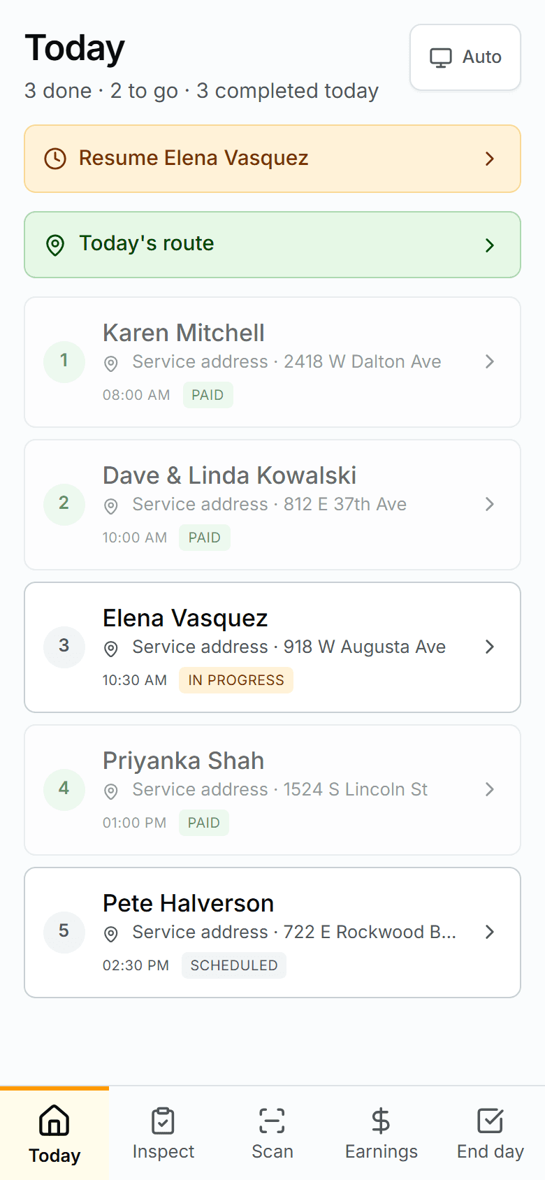 The crew phone app showing today's route with two stops done, one in progress, and one scheduled