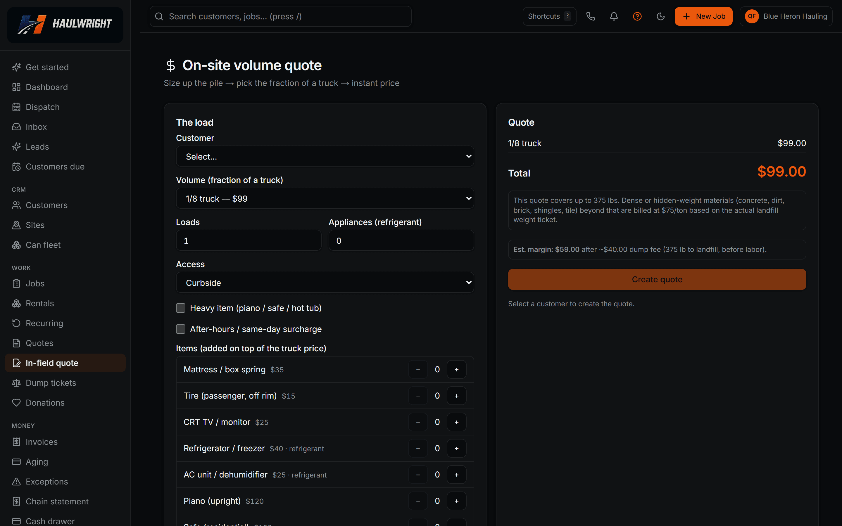 The on-site volume quote screen pricing a load with truck fractions, item charges, and an estimated margin