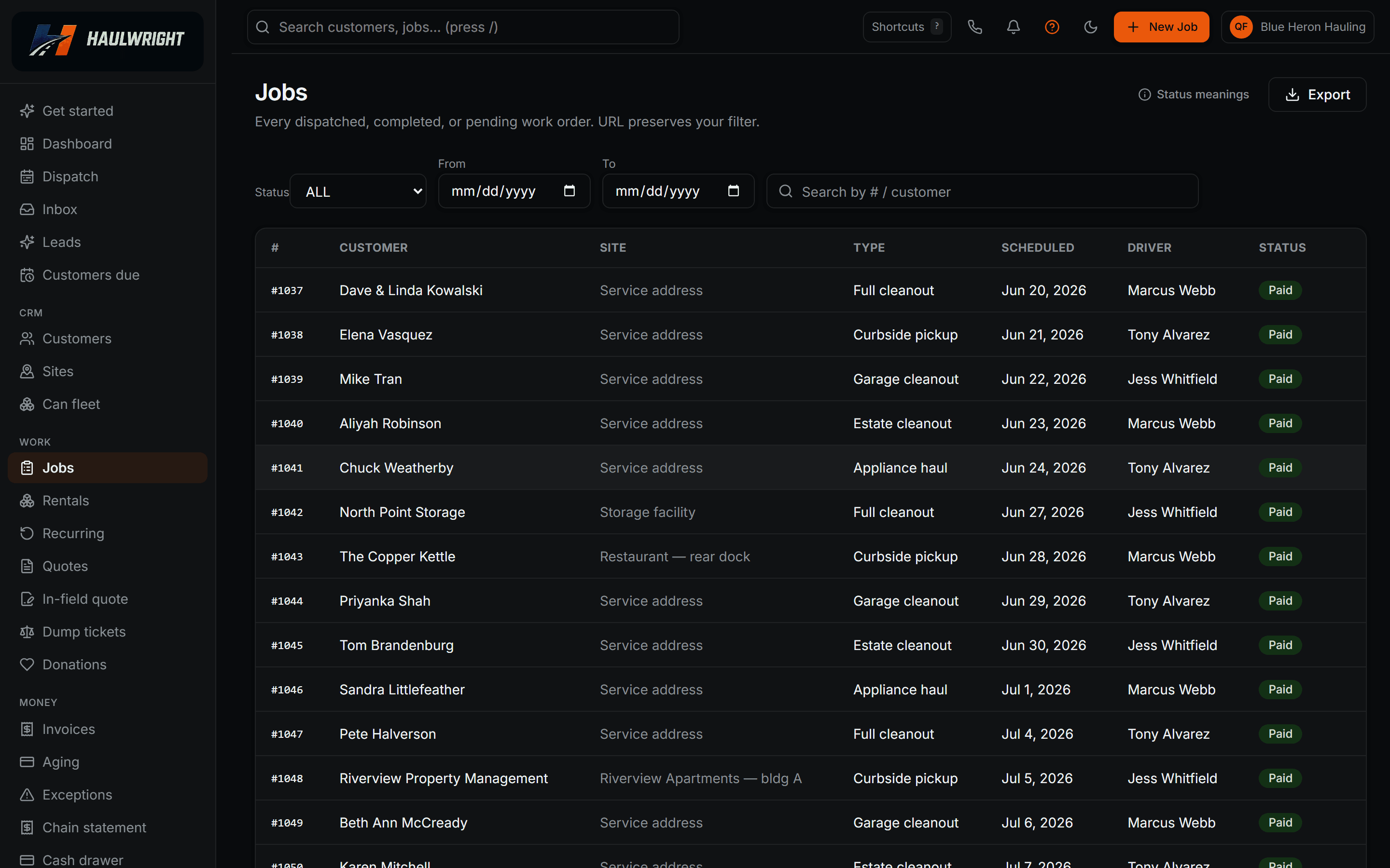 The jobs register with customers, job types, schedules, crews, and live payment statuses
